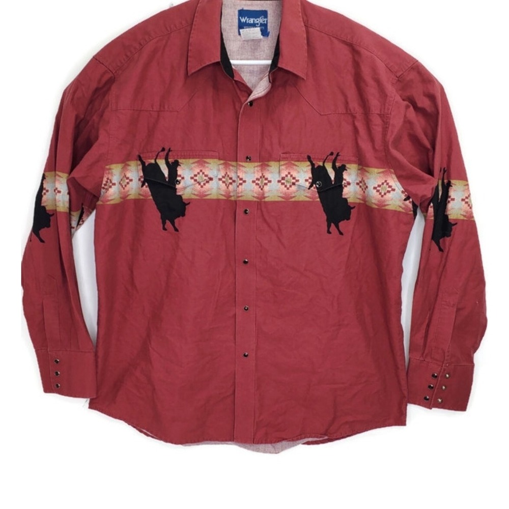 Wrangler Western Shirt Mens XL Red Aztec Bucking Bronco Pearl Snap Long Sleeve